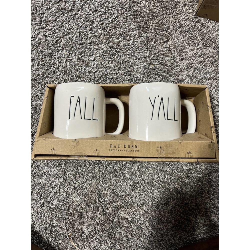 Rae Dunn Ceramic Coffee Tea Mugs FALL Y'ALL Ivory Black 20oz New Set of 2